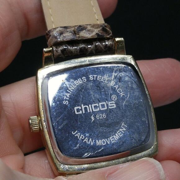 Chico's Faux Snake Skin Leather Watch, Clear Rhinestone Frame, 9 Inches - Picture 8 of 10